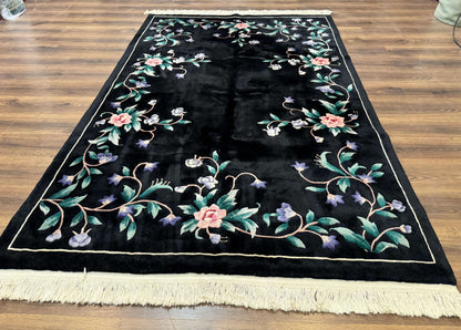 Chinese Wool Rug 6x9, Black, Floral, Minimal Design, 90 Line Carpet, Vintage Art Deco Rug