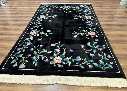 Chinese Wool Rug 6x9, Black, Floral, Minimal Design, 90 Line Carpet, Vintage Art Deco Rug