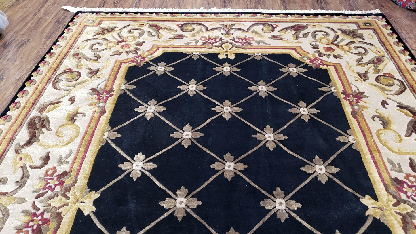 Nepal Rug 6x9, New Aubusson Nepalese Tibetan Carpet 6'1" x 8' 8", Hand-Knotted Wool, Unused, Black & Cream, Savonnerie Pattern, Soft Pile