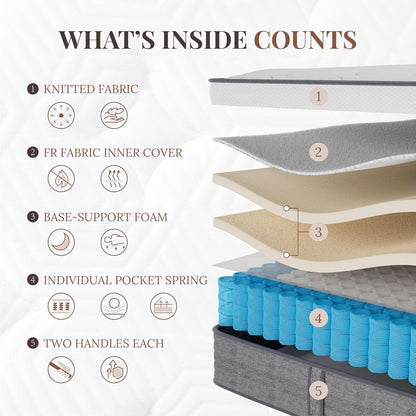 Queen Hybrid Mattress 12 Inch Fiberglass Free Memory Foam