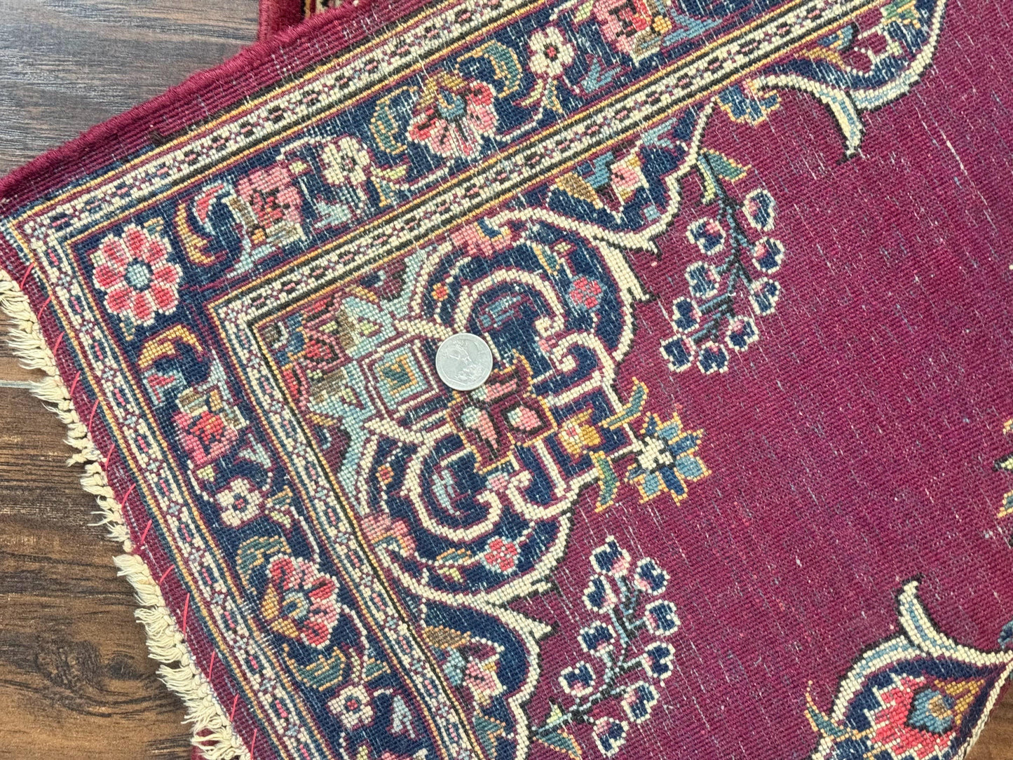 Small Persian Kashan Rug 2x3, Red and Navy Blue, Handmade Vintage Wool Semi Antique Persian Carpet, Semi Open Field, Pair B