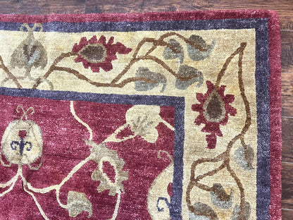 Tibetan Aubusson Rug 8x10, Maroon and Beige, Floral, Handmade, Wool, Vintage, Traditional Rug