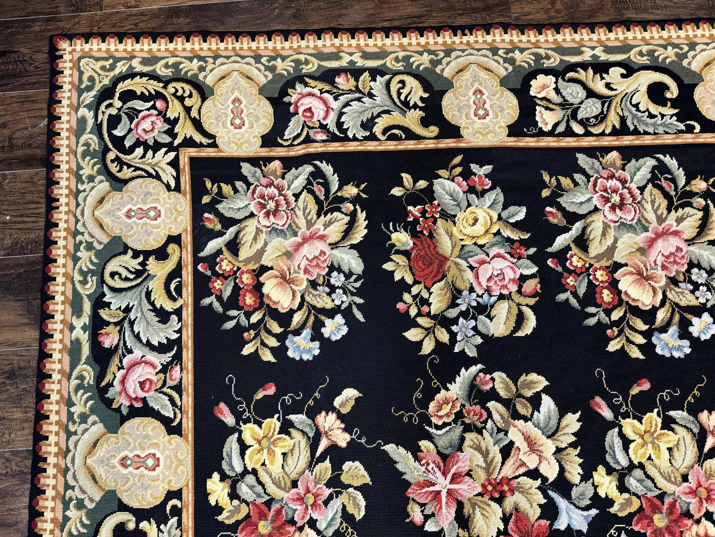 Palace Size Needlepoint Rug 12x16, Black and Colorful, Floral Panel, Handmade Oversized Wool Needlepoint Carpet, Rare