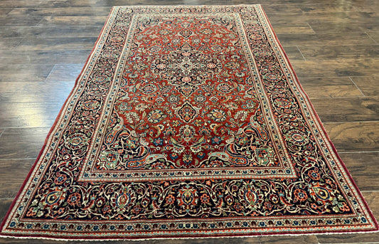 Persian Kashan Rug 4x7, Red and Navy Blue, Floral Antique Carpet