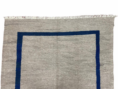 Geometric Turkish Kilim Rug 5' 7" x 7' 9", Flatweave Carpet, Minimal Design, Anatolian Carpet, Gray, Geometric, Dark Blue, Hand-Knotted, New