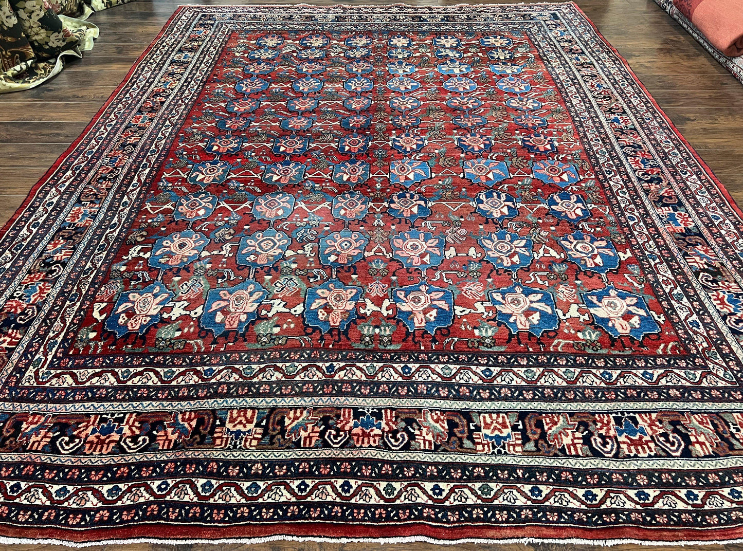 Antique Persian Bijar Rug 9x12 - Allover Motif, Red & Blue
