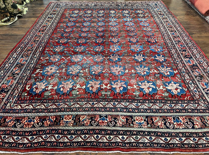 Antique Persian Bijar Rug 9x12 - Allover Motif, Red & Blue