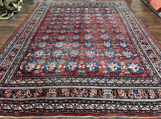Antique Persian Bijar Rug 9x12 - Allover Motif, Red & Blue