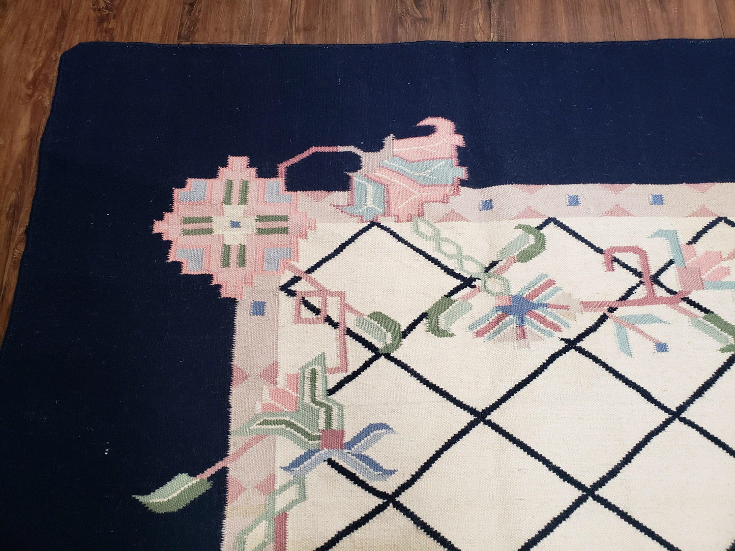 Vintage Dhurrie Rug, Indian Dhurrie 8x11 - 9x11, Wool Hand-Woven Ivory & Black Indo Carpet, Large Flat Weave Rug Living Room Rug Black White