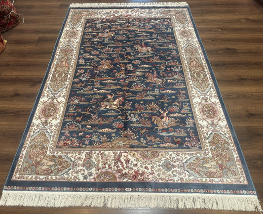 Turkish Silk Rug 5x8, Hunting Design, Animal Pictorials, Steel Blue & Ivory, Bamboo Silk