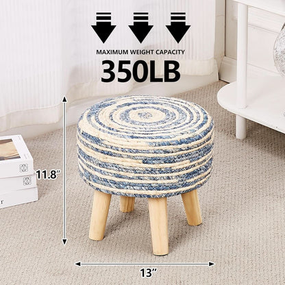 Round Seagrass Ottoman Footstool Handwoven Natural Blue