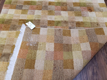 4x6 Tibetan Rug, Modern Abstract Handmade Area Rug, Checkerboard Pattern, Neutral Ivory Gold Tan Colors, Soft Pile, Mid Sized Rug, Nepali