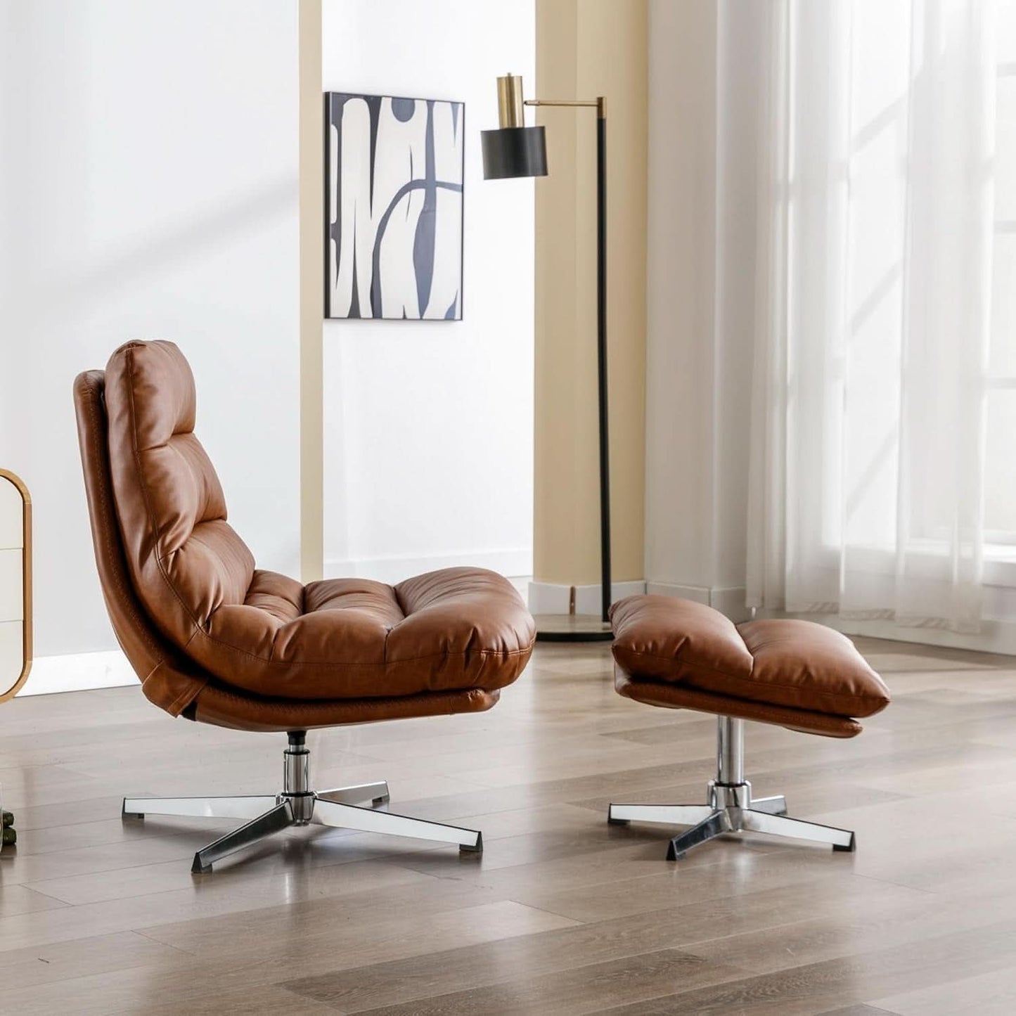 Brown Upholstered Faux Leather Swivel Chair Ottoman