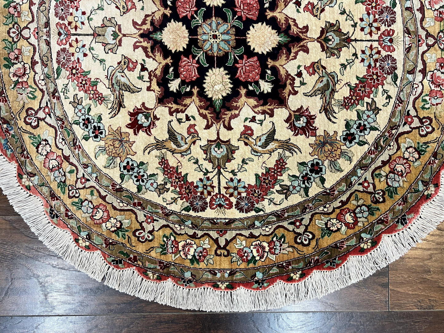 Silk Persian Tabriz Round Rug 3x3 ft, Very Fine Hand Knotted Carpet 380 KPSI, Cream & Gold, Bird Pictorials, Floral, Rare