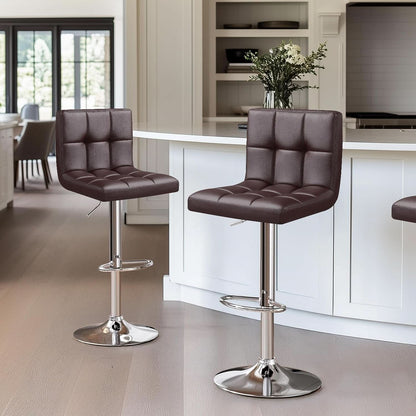 Bar Stools Set Of 2 Adjustable PU Leather Swivel Brown