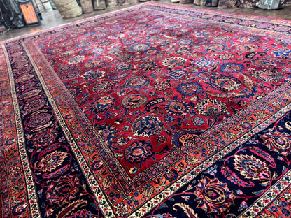 Palace Size Persian Mashad Rug 12x16, Raspberry and Navy Blue, Signature from Master Weaver, Antique Handmade Large Wool Carpet