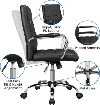 Ergonomic Mid Back Office Chair Black PU Leather With Lumbar Support