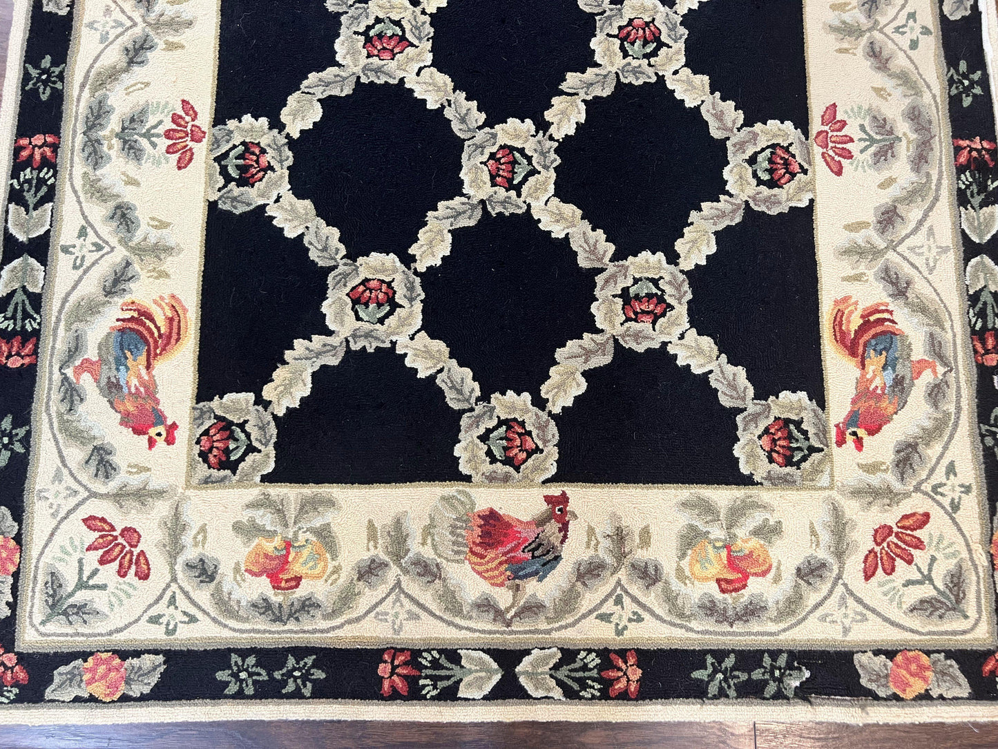 Hooked Rug 5x8, European Aubusson Pattern, Black and Ivory, Roses & Roosters, Vintage Wool Rug