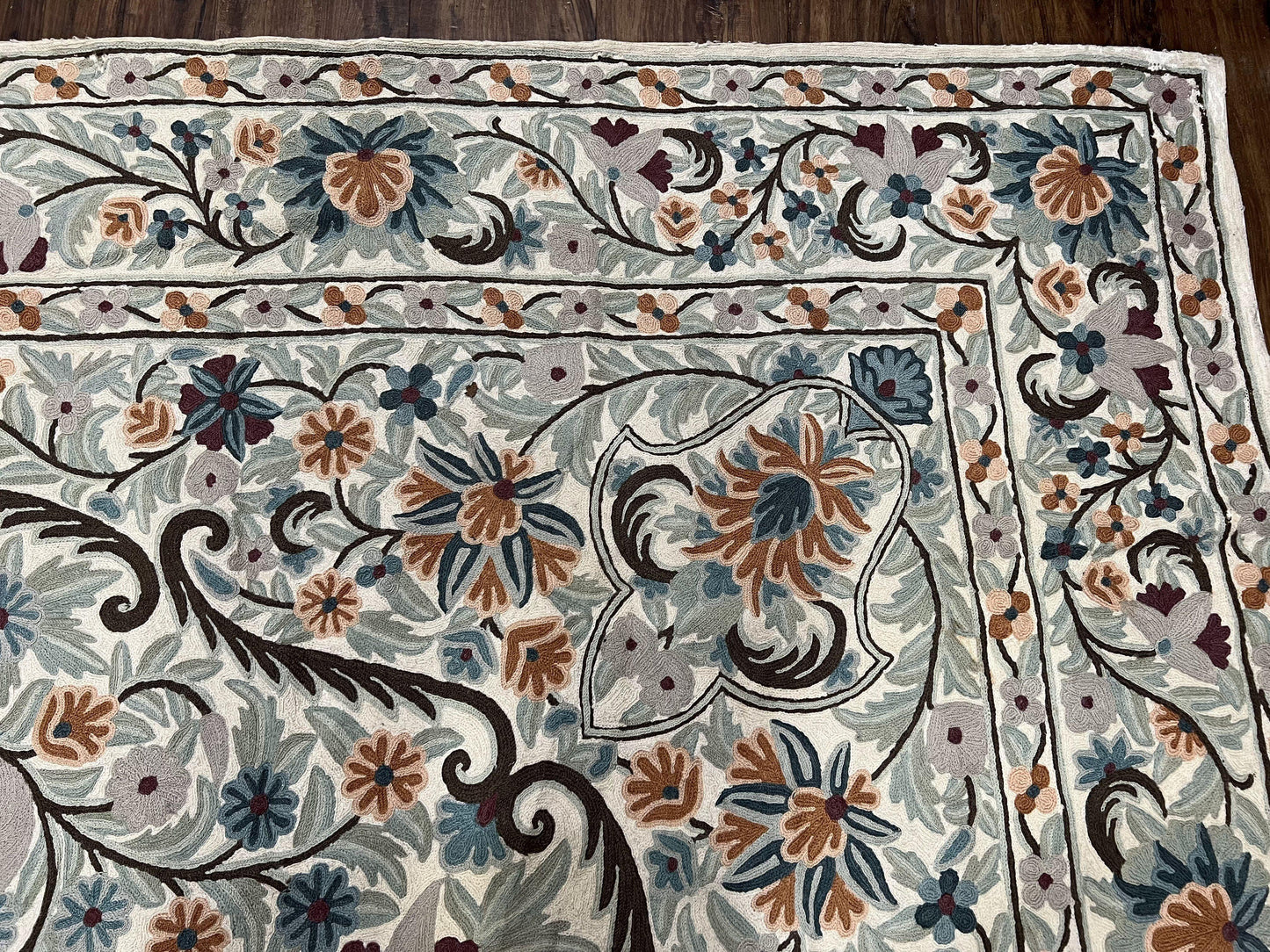 Chain Stitched Rug 9x12 Vintage Carpet 9 x 12 Flatweave Rug, Ivory Teal Rug, Area Rug 9 by 12, Hand Stitched Rug, Medallion, Indian Rug