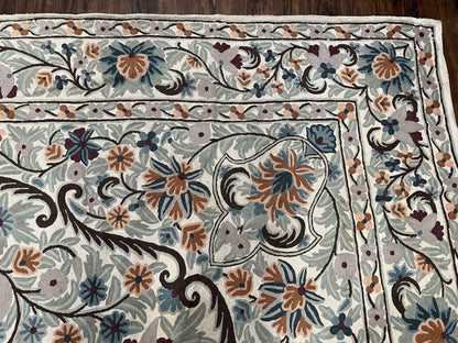 Chain Stitched Rug 9x12 Vintage Carpet 9 x 12 Flatweave Rug, Ivory Teal Rug, Area Rug 9 by 12, Hand Stitched Rug, Medallion, Indian Rug