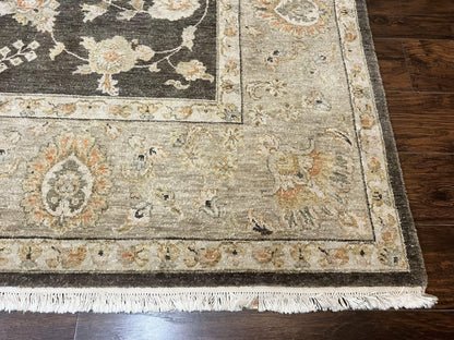Indo Persian Rug 9x12, Sultanabad Indian Carpet, Dark Brown, Hand Knotted Vintage Wool Rug