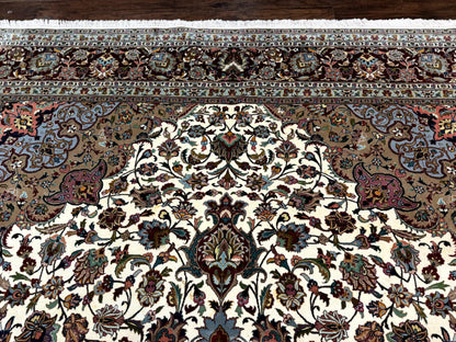 Persian Tabriz Rug 8x11, Floral Medallion Traditional Area Rug, Fine 300 KPSI, Ivory Maroon