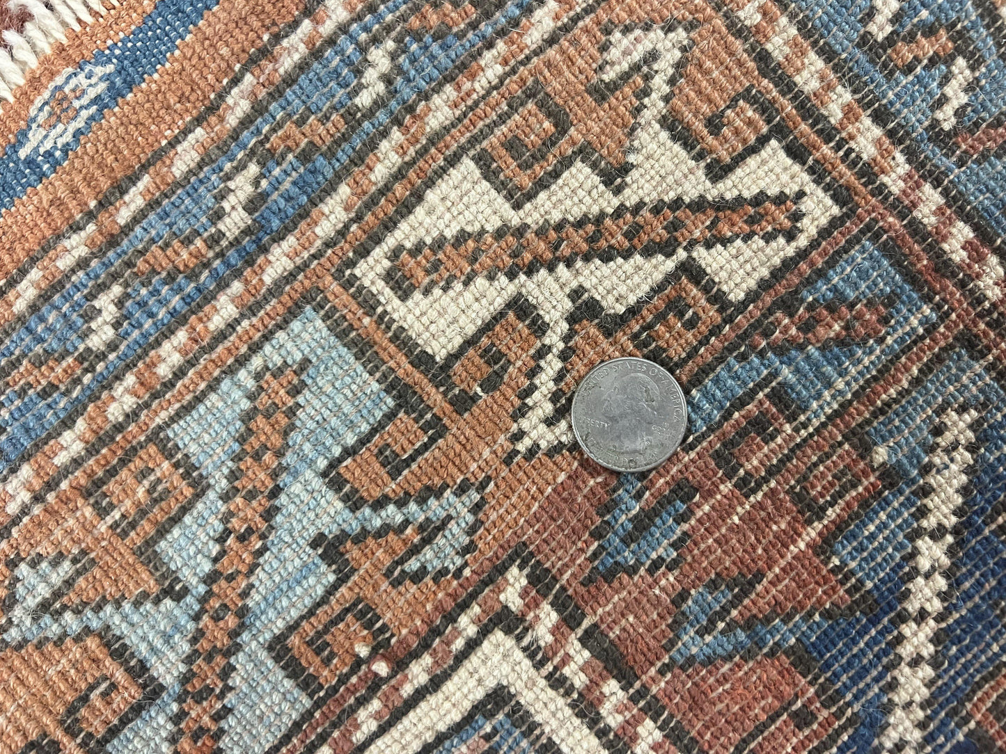 Turkish Kazak Rug 3x4, Wool Hand Knotted Handmade Vintage Carpet, Geometric Tribal Repeated Motif, Small 3 x 4 Antique Rug, Cream Red