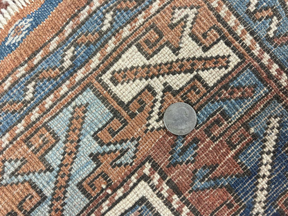 Turkish Kazak Rug 3x4, Wool Hand Knotted Handmade Vintage Carpet, Geometric Tribal Repeated Motif, Small 3 x 4 Antique Rug, Cream Red