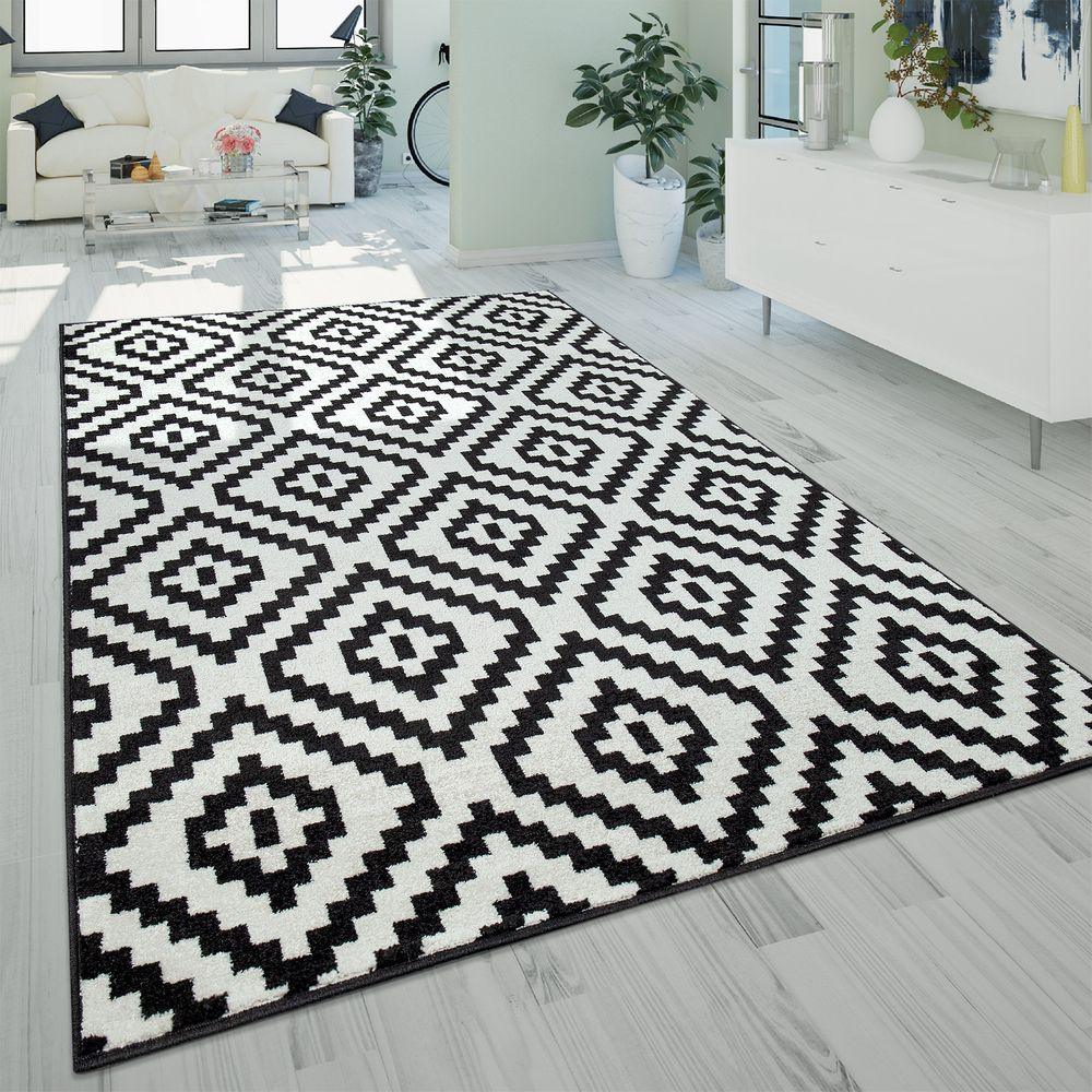 Black White Living Room Rug Boho Design Diamond Pattern