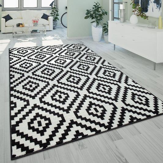 Black White Living Room Rug Boho Design Diamond Pattern