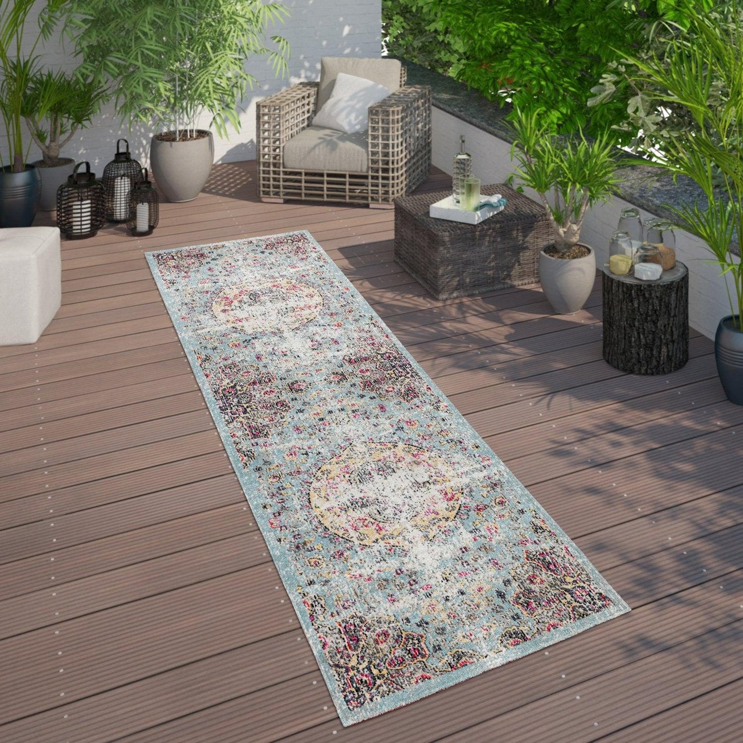 Blue Outdoor Rug Oriental Design Pastel Colors