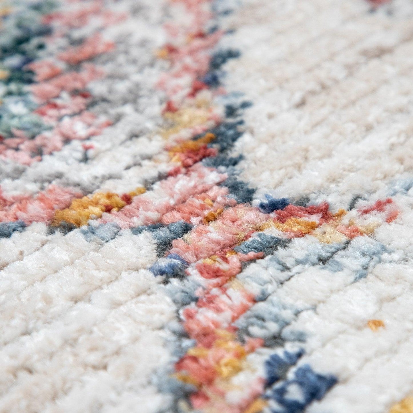 Boho Rug Cream Colorful Ethnic Diamond Pattern Ripped Design