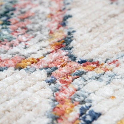 Boho Rug Cream Colorful Ethnic Diamond Pattern Ripped Design