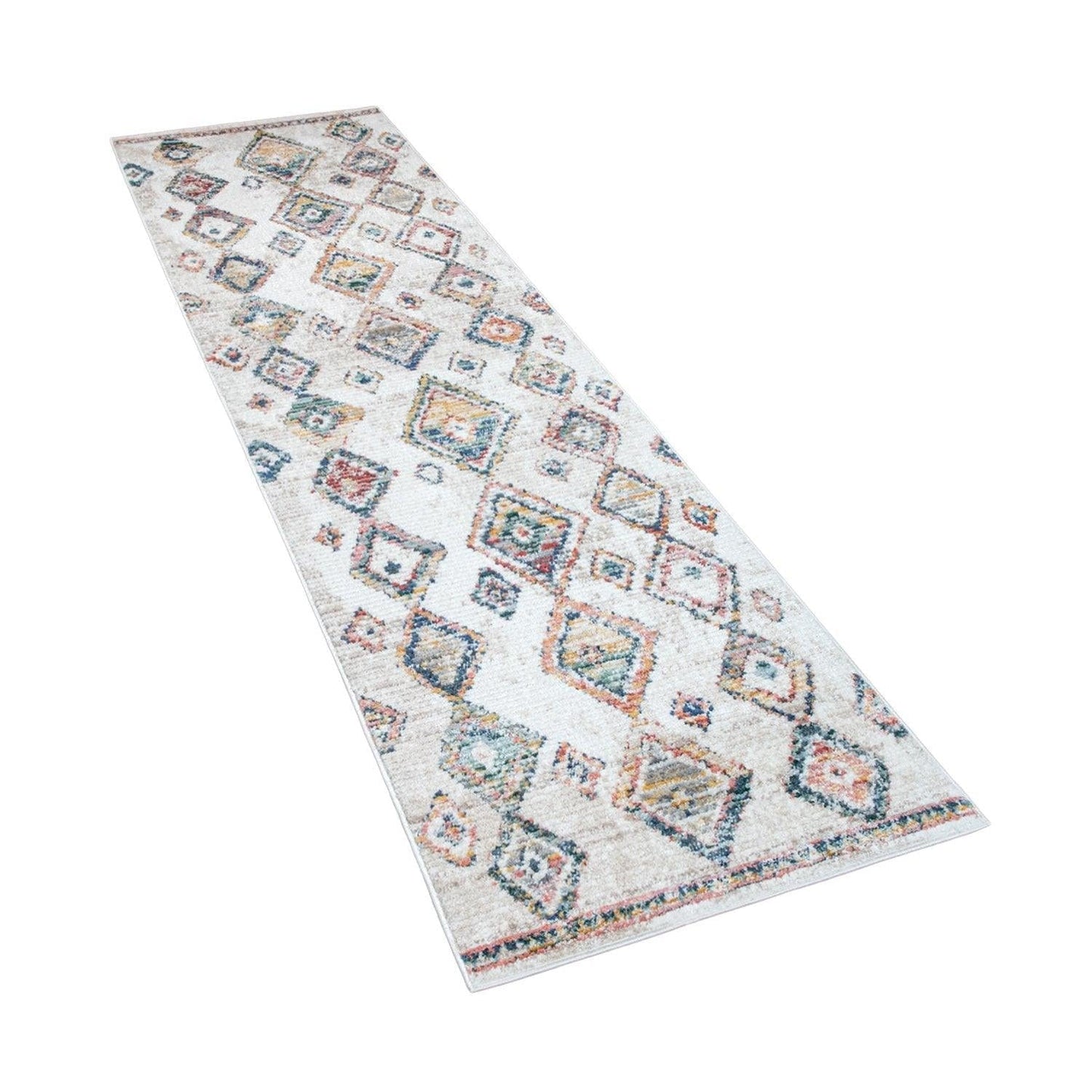 Boho Rug Cream Colorful Ethnic Diamond Pattern Ripped Design