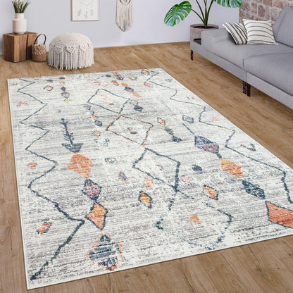 Boho Rug Cream Ethnic Diamond Pattern Modern Ripped Design