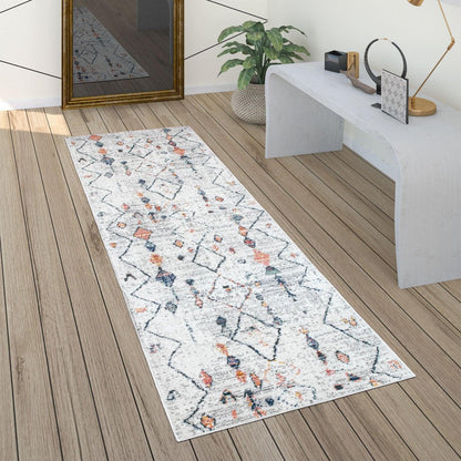 Boho Rug Cream Ethnic Diamond Pattern Modern Ripped Design