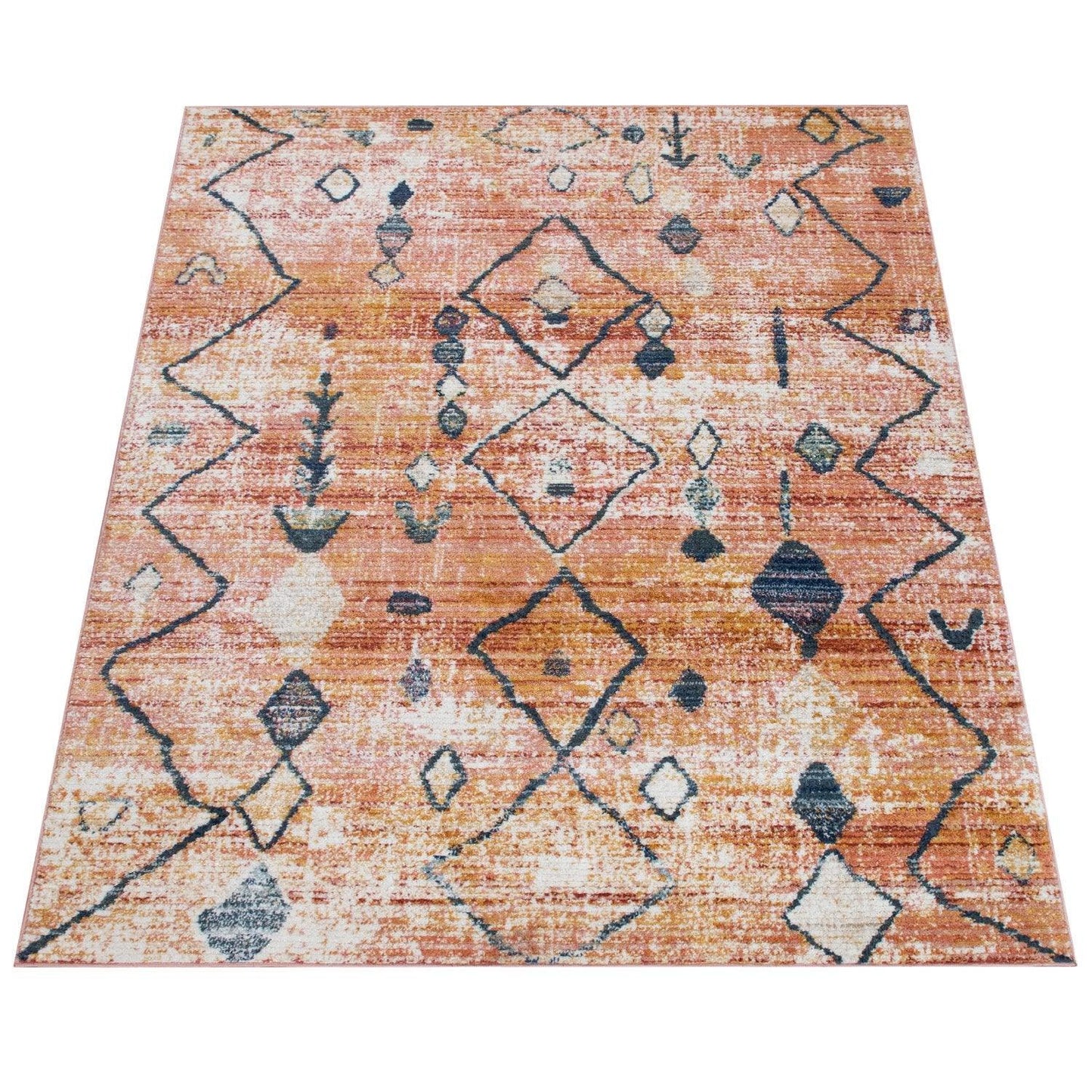Boho Rug Red Ethnic Diamond Pattern Modern Ripped Design