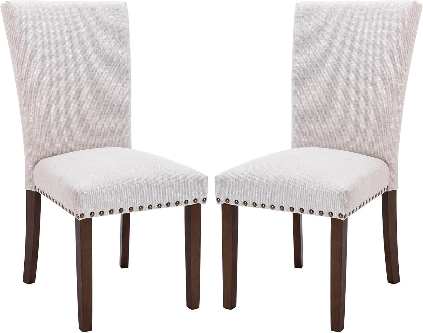 Beige Linen Upholstered High Back Counterheight Chairs