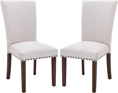 Beige Linen Upholstered High Back Counterheight Chairs