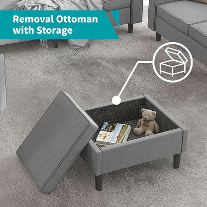 Light Grey Living Room Sofa Set With Movable Ottoman