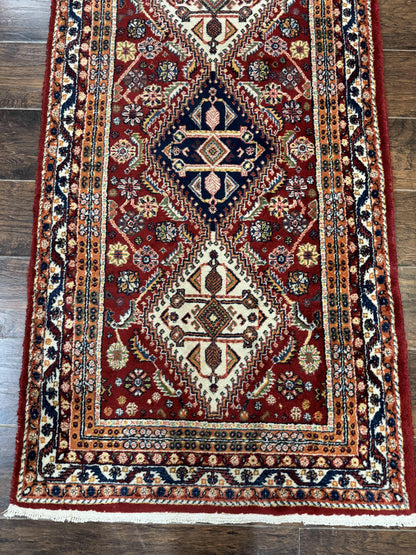 Antique Persian Qashqai Runner Rug 3 x 13 ft, Tribal Runner, Geometric Medallions, Red Ivory Blue, Wool