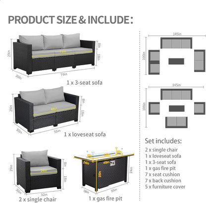 5-Piece Outdoor Patio Furniture Set With 60000 BTU Fire Pit Light Grey