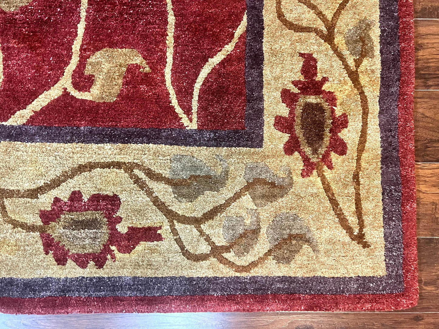 Tibetan Aubusson Rug 8x10, Maroon and Beige, Floral, Handmade, Wool, Vintage, Traditional Rug