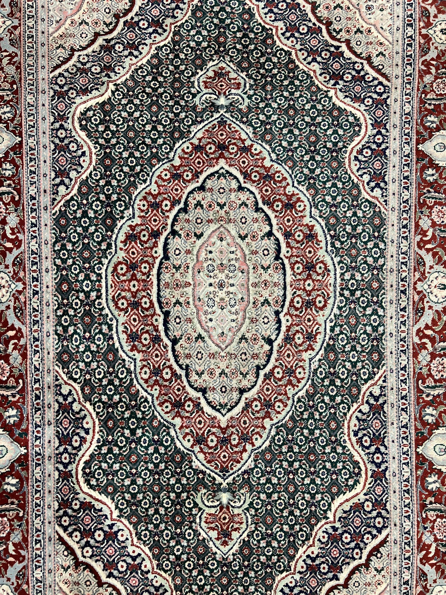 Sino Persian Rug 4x6, Wool with Silk Highlights, Fine Hand Knotted Carpet, Green & Maroon Red, Herati Medallion, Vintage Rug