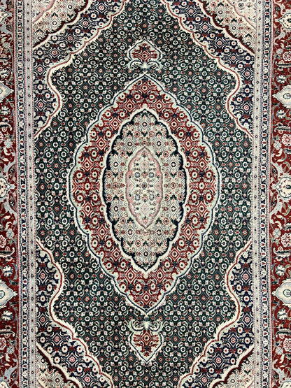 Sino Persian Rug 4x6, Wool with Silk Highlights, Fine Hand Knotted Carpet, Green & Maroon Red, Herati Medallion, Vintage Rug
