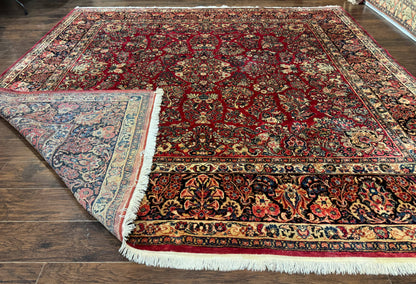 Persian Sarouk Rug 10x10, Square Persian Carpet, Red, Floral, Antique