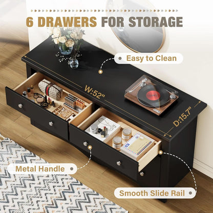 Glossy Black 52 Inch Six Drawer Dresser for Modern Storage