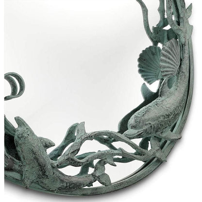 Dolphin Trio Wall Mirror Cast Iron Verdigris Finish 26 Inch