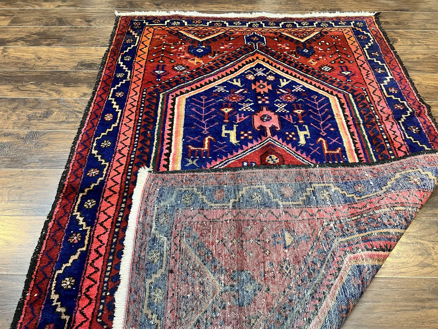 Persian Tribal Rug 5x7, Wool Handmade Vintage Hamadan Nahavand Carpet, Red & Navy Blue, Animal Motifs, Geometric Oriental Rug 5 x 7