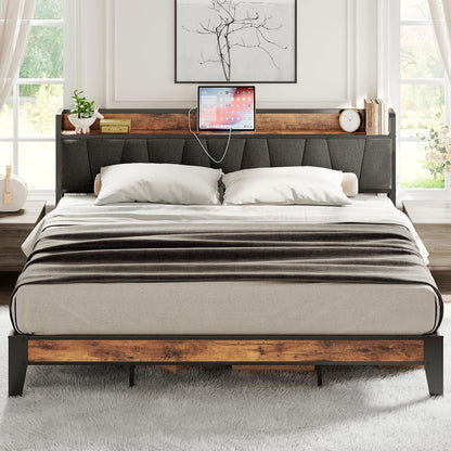 King Size Bed Frame With Storage Headboard And USB Charging Ports
